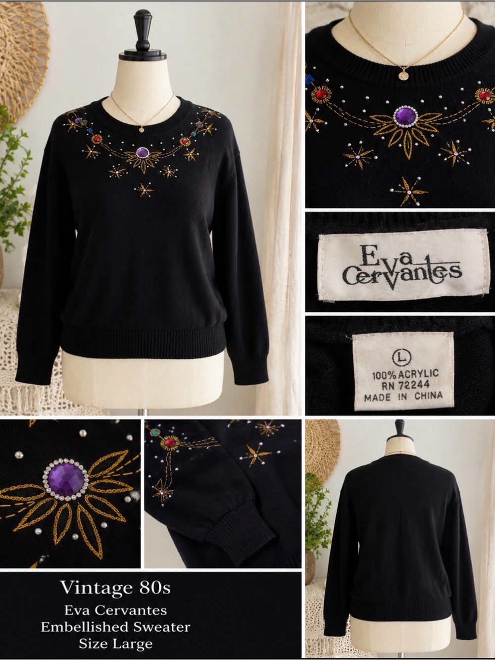 Vintage 80s - Eva Cervantes Embellished Black Women's Sweater with Gem Accents